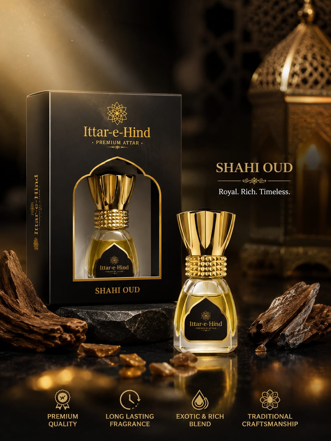 Ittar-e-Hind Shahi Oud attar bottle in gold and black packaging